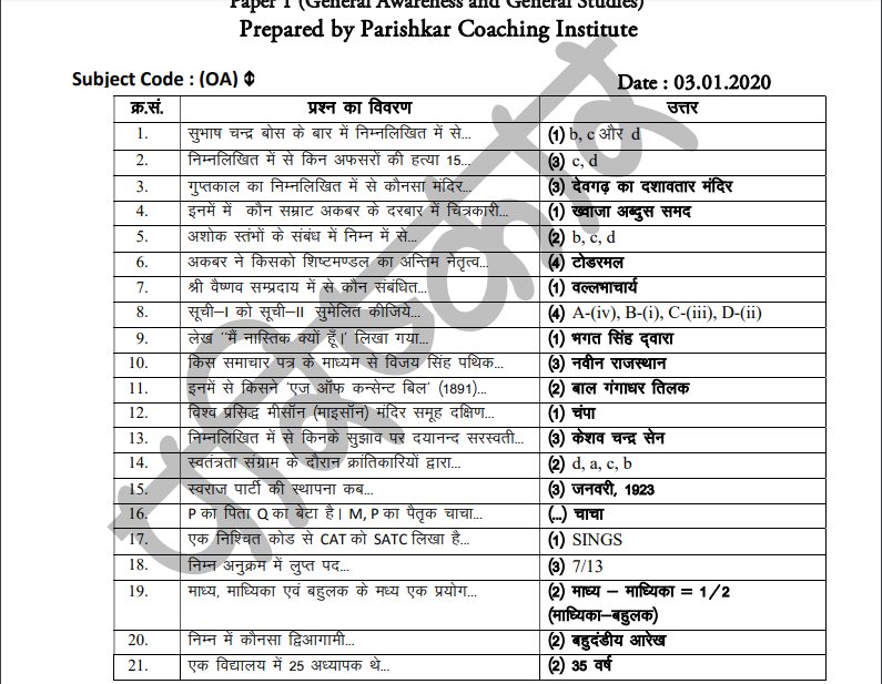 RPSC 1st Grade Hindi Paper Answer Key 2020