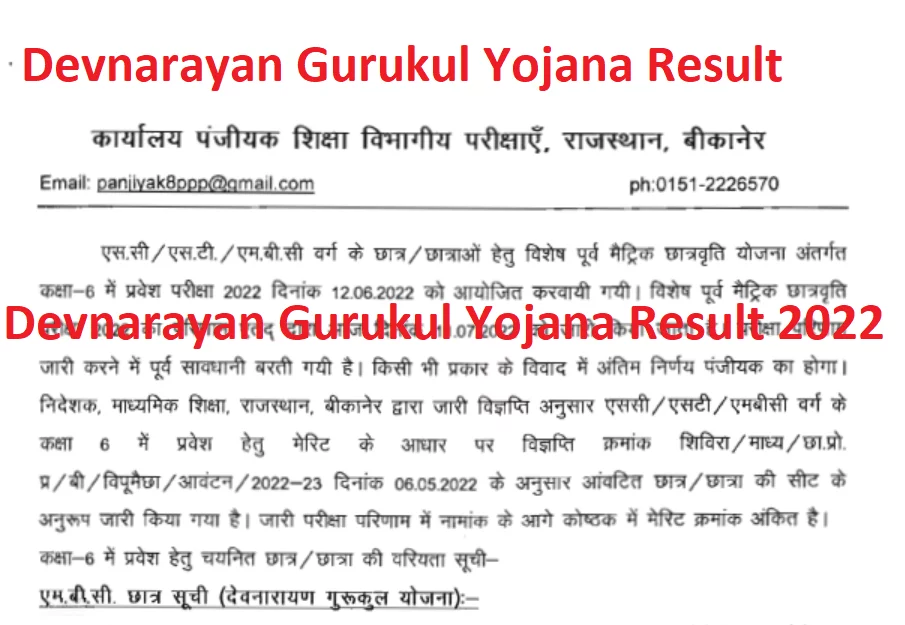 Shala Darpan Devnarayan Gurukul Yojana Result 2023-24 School List 